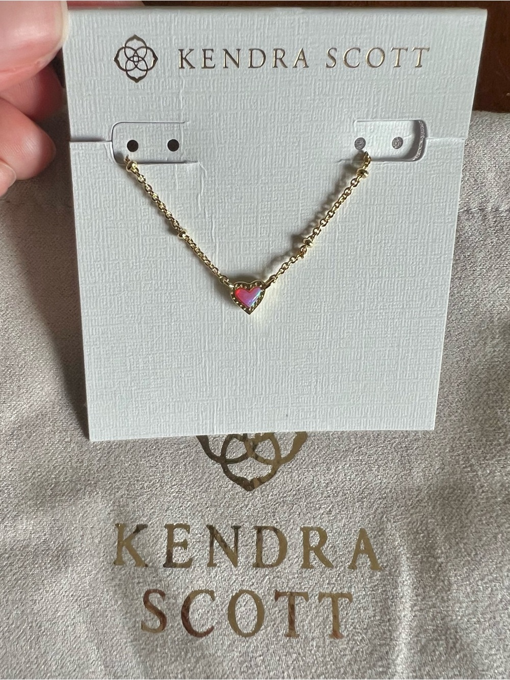 NWT Kendra Scott Mini Ari Heart Gold Satellite Short Pendant Necklace Pink Opal - Picture 5 of 8